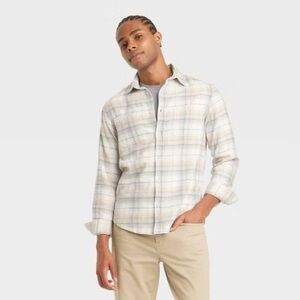 Goodfellow & Co Beige and Blue Plaid Cotton Long Sleeve Button Down, Size Large